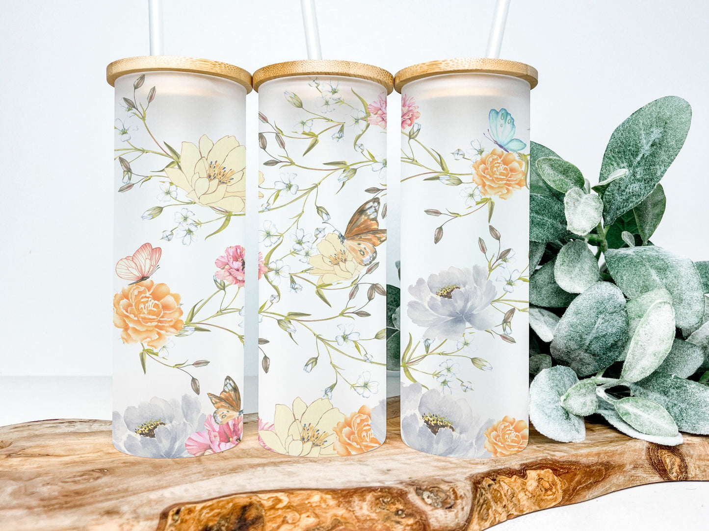 Floral Butterfly 25oz Frosted Glass Tumbler, Floral Butterfly Tumbler