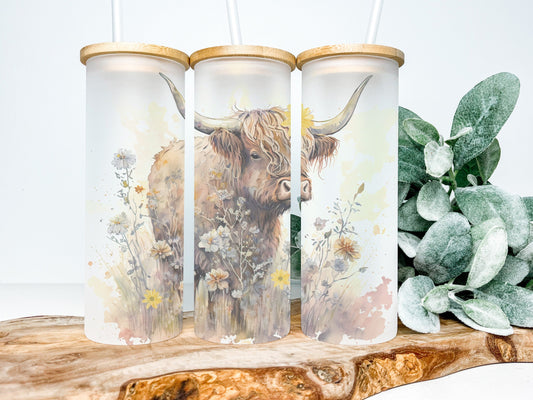 Highland Cow 25oz Frosted Glass Tumbler, Highland Cow Tumbler