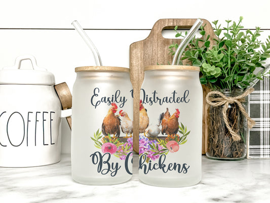 Easily Distracted By Chickens Cup Iced Coffee Cup Glass, Beer Can Glass, Chicken Coffee Cup, Glass Cup Coffee Can Beer