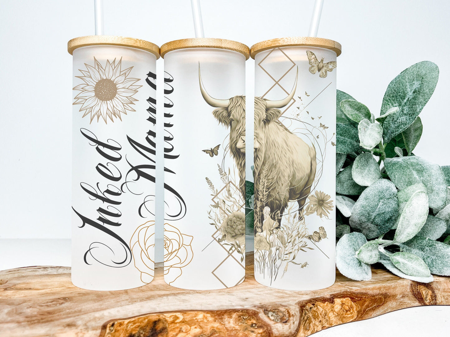 Highland Cow Inked Mama 25oz Frosted Glass Tumbler, Highland Cow Tumbler