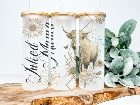Highland Cow Inked Mama 25oz Frosted Glass Tumbler, Highland Cow Tumbler