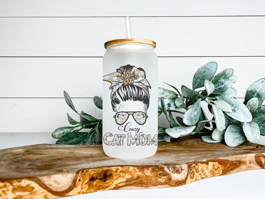 Crazy Cat Mom Cup Iced Coffee Cup Glass, Beer Can Glass, Cat Mom Coffee Cup, Glass Cup Coffee Can Beer, Cat Mom Soda Can Glass