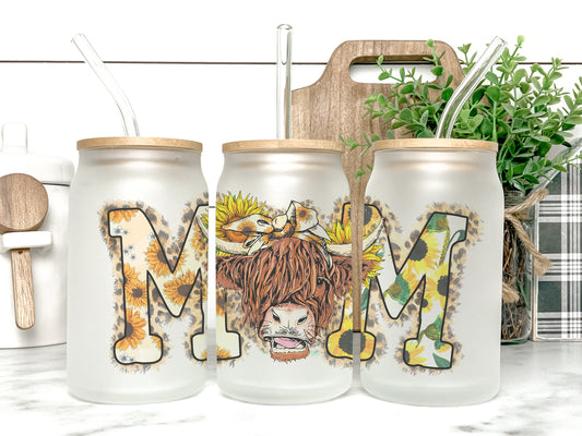 Cow Mom Cup Iced Coffee Cup Glass, Cow Mom Beer Can Glass, Highland Cow Coffee Cup, Glass Cup Coffee Can Beer, Cow Soda Can Glass