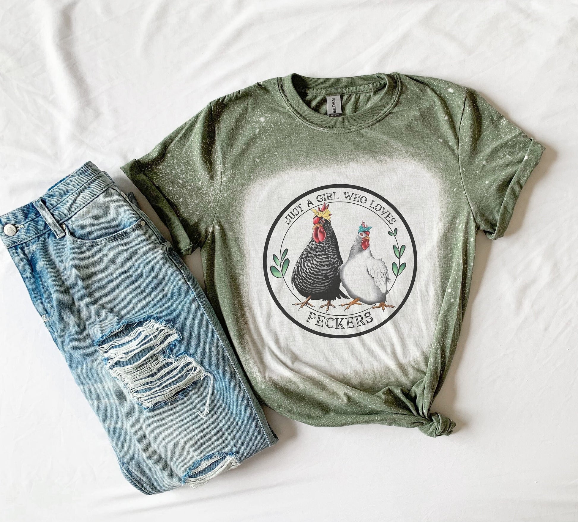 Just A Girl Who Loves Peckers Chicken Shirt Tee, Funny Chicken Bleached Tee, Country Shirt Tee, Farming Shirt Tee