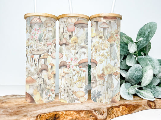 Cottagecore 25oz Frosted Glass Tumbler, Cottagecore Tumbler, Mushroom Tumbler