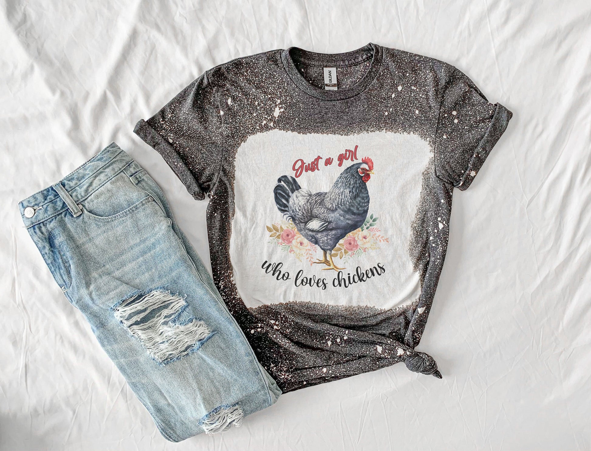 Just A Girl Who Loves Chickens Shirt Tee, Funny Chicken Bleached Tee, Country Shirt Tee, Farming Shirt Tee