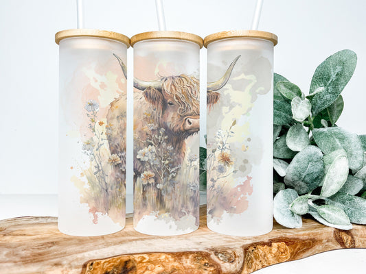 Highland Cow 25oz Frosted Glass Tumbler, Highland Cow Tumbler