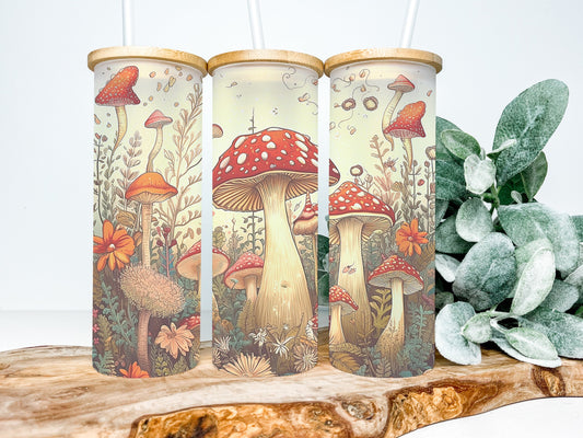 Cottagecore 25oz Frosted Glass Tumbler, Cottagecore Tumbler, Mushroom Tumbler