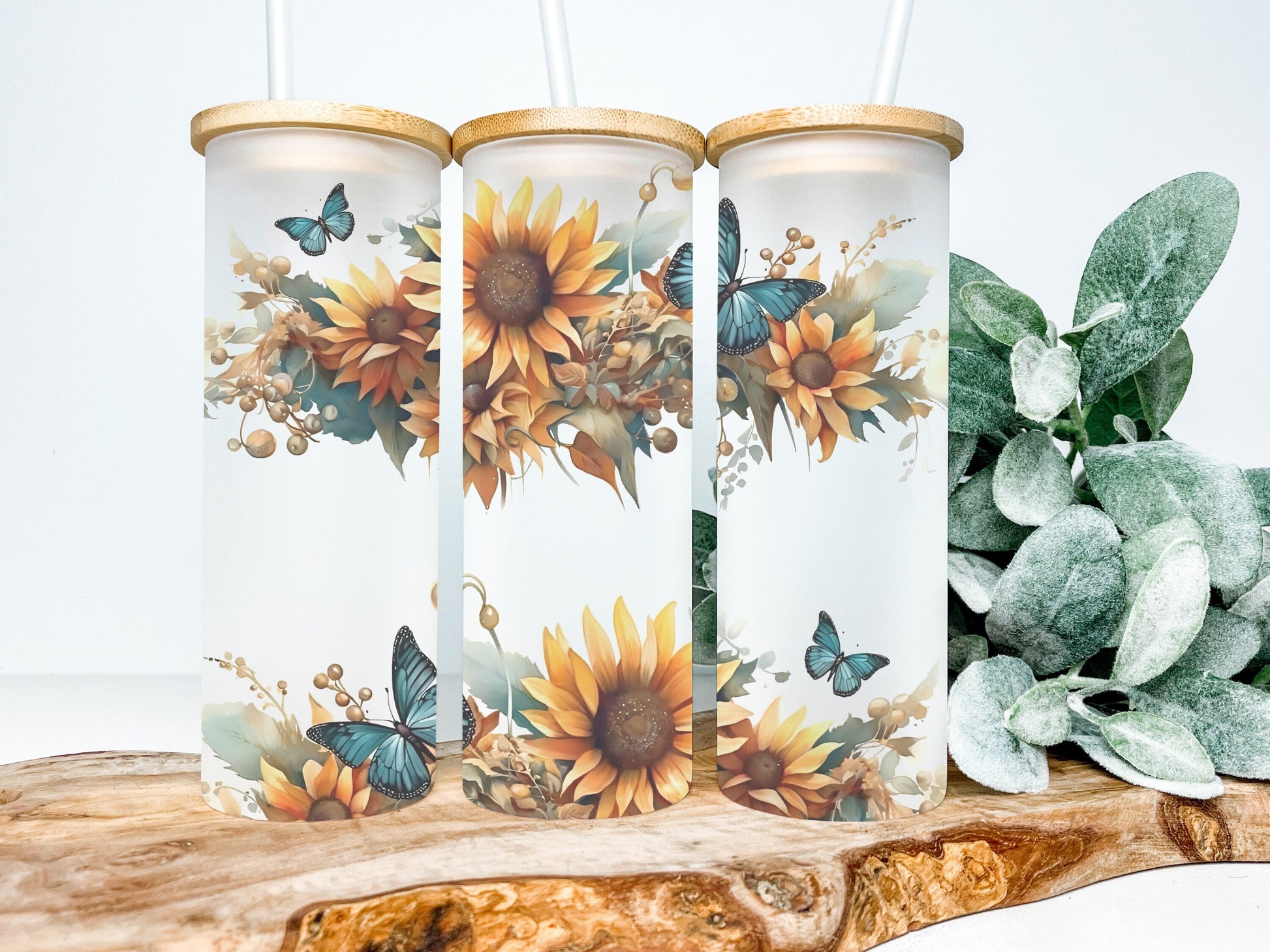 Sunflowers and Butterflies 25oz Frosted Glass Tumbler, Sunflower Tumbler Butterfly Tumbler