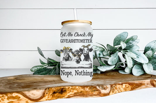 Let Me Check My Giveashitometer Cow Cup Iced Coffee Cup Glass, Beer Can Glass, Highland Cow Coffee Cup, Glass Cup Coffee Can Beer