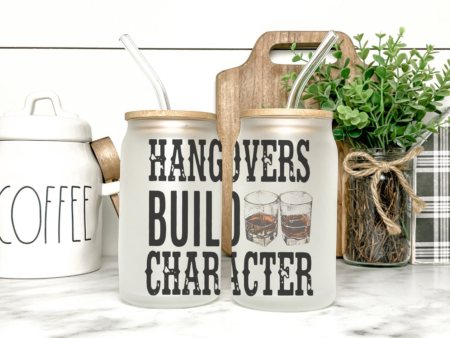 Hangovers Build Character Cup Iced Coffee Cup Glass, Beer Can Glass, Funny Coffee Cup, Glass Cup Coffee Can Beer, Sarcastic Soda Can Glass