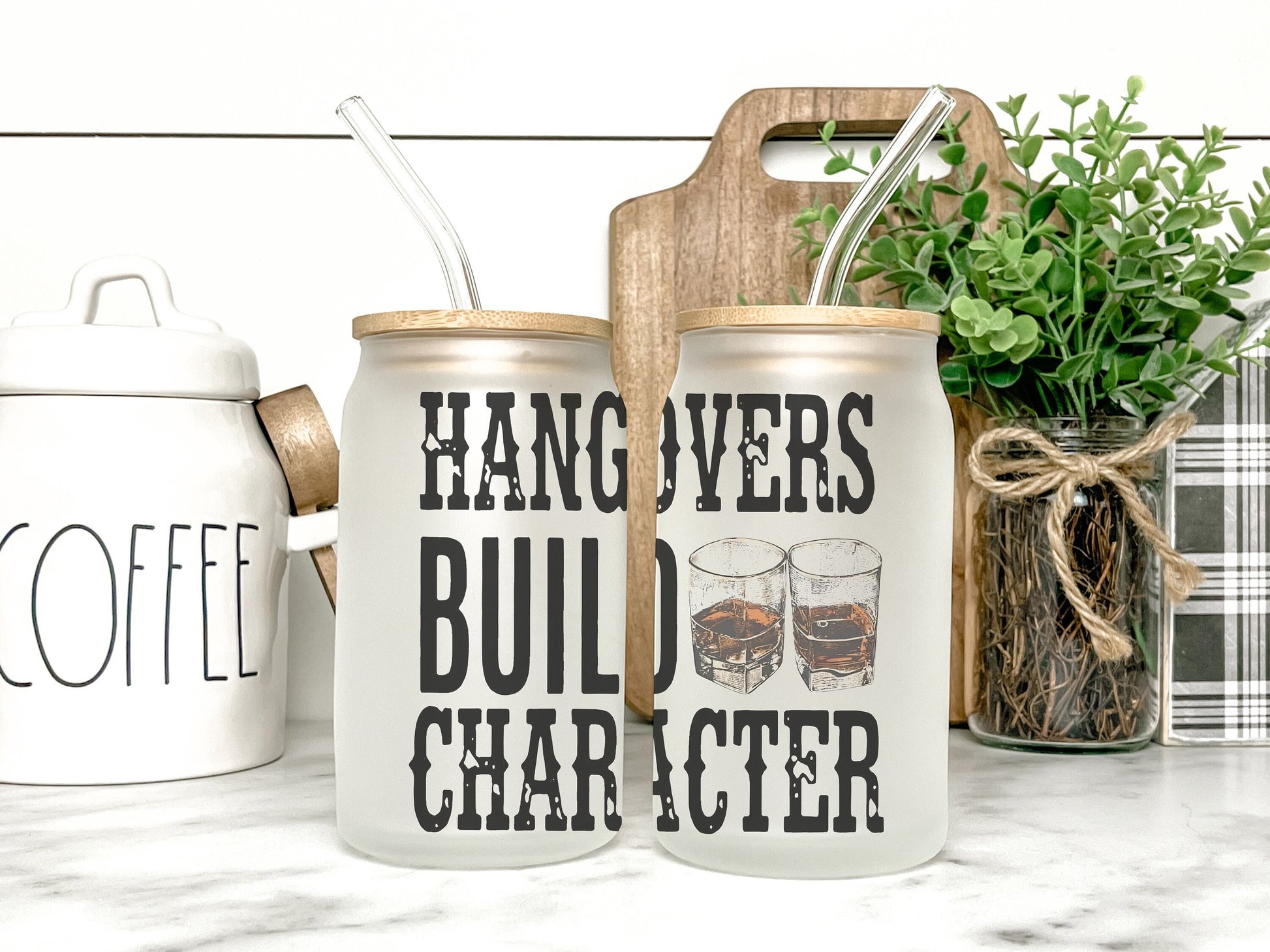 Hangovers Build Character Cup Iced Coffee Cup Glass, Beer Can Glass, Funny Coffee Cup, Glass Cup Coffee Can Beer, Sarcastic Soda Can Glass