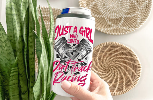 Dirt Track Racing 4 in 1 Can Cooler, Fits all - Stainless Steel Can Cooler for 12oz Regular or Slim Cans & Bottles - Racing Can Cooler