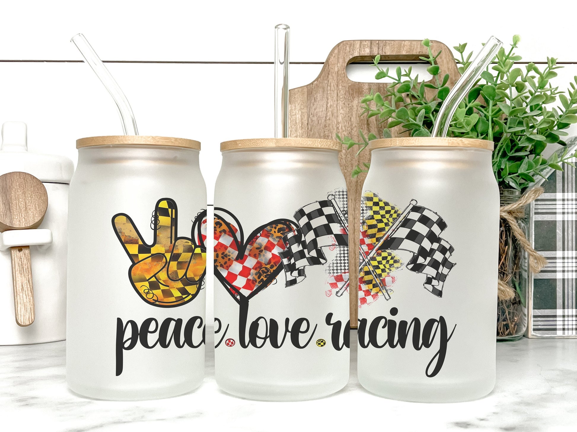 Peace Love Racing Cup Iced Coffee Cup Glass, Racing Beer Can Glass, Racing Iced Coffee Cup, Glass Cup Coffee Can Beer