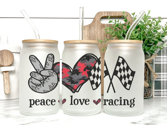 Peace Love Racing Cup Iced Coffee Cup Glass, Racing Beer Can Glass, Racing Iced Coffee Cup, Glass Cup Coffee Can Beer