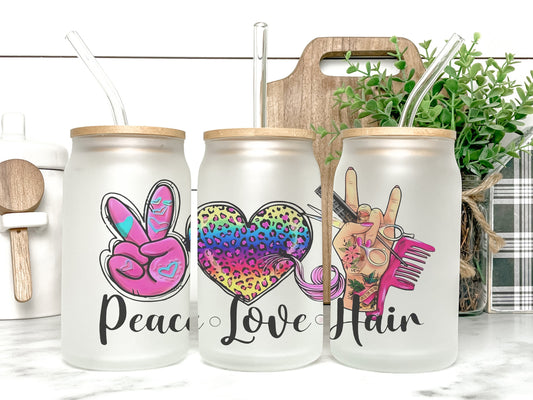 Peace Love Hair Cup Iced Coffee Cup Glass, Beer Can Glass, Hair Stylist Iced Coffee Cup, Glass Cup Coffee Can Beer