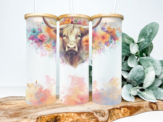 Highland Cow 25oz Frosted Glass Tumbler, Highland Cow Tumbler