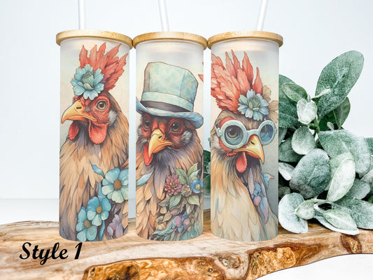Chicken 25oz Frosted Glass Tumbler, Chicken Tumbler, Chicken Glass Tumbler