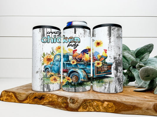 Crazy Chicken Lady 4 in 1 Can Cooler, Fits all - Stainless Steel Can Cooler for 12oz Regular or Slim Cans & Bottles - Chicken Can Cooler