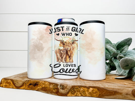 Just a Girl Who Loves Cows 4 in 1 Can Cooler, Fits all - Stainless Steel Can Cooler for 12oz Regular or Slim Cans & Bottles - Cow Can Cooler