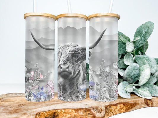 Highland Cow 25oz Frosted Glass Tumbler, Highland Cow Tumbler