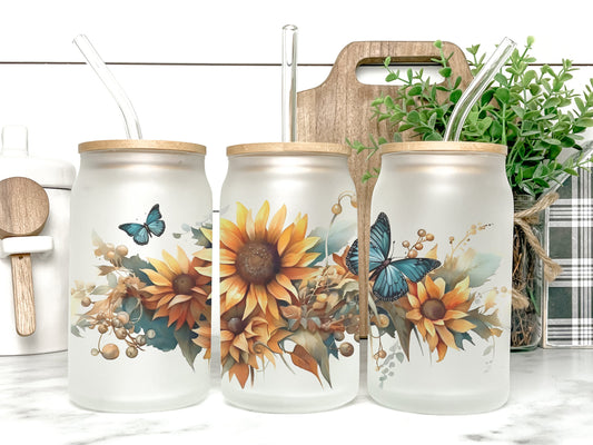 Sunflowers & Butterflies Cup Iced Coffee Cup Glass, Beer Can Glass, Sunflowers Coffee Cup, Glass Cup Coffee Can Beer