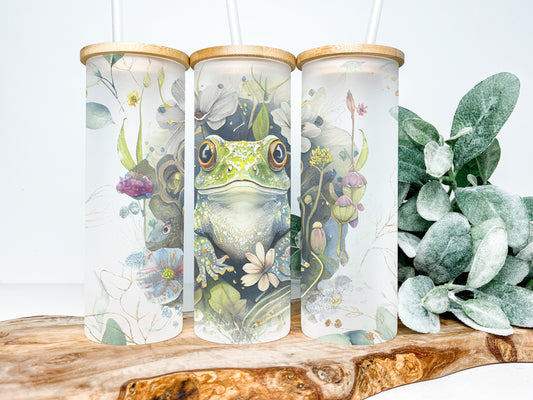 Cottagecore 25oz Frosted Glass Tumbler, Cottagecore Tumbler, Frog Tumbler