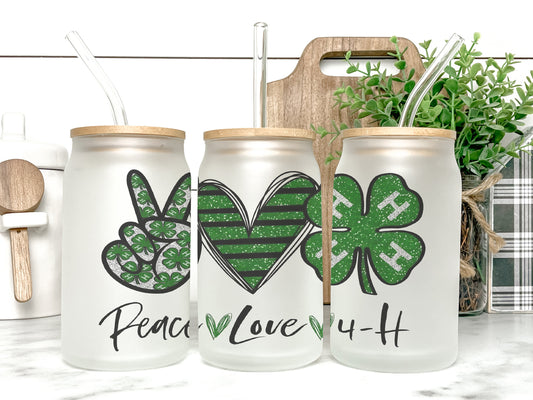 Peace Love 4H Farm Cup Iced Coffee Cup Glass, Beer Can Glass, 4H Coffee Cup, Glass Cup Coffee Can Beer, 4H Soda Can Glass