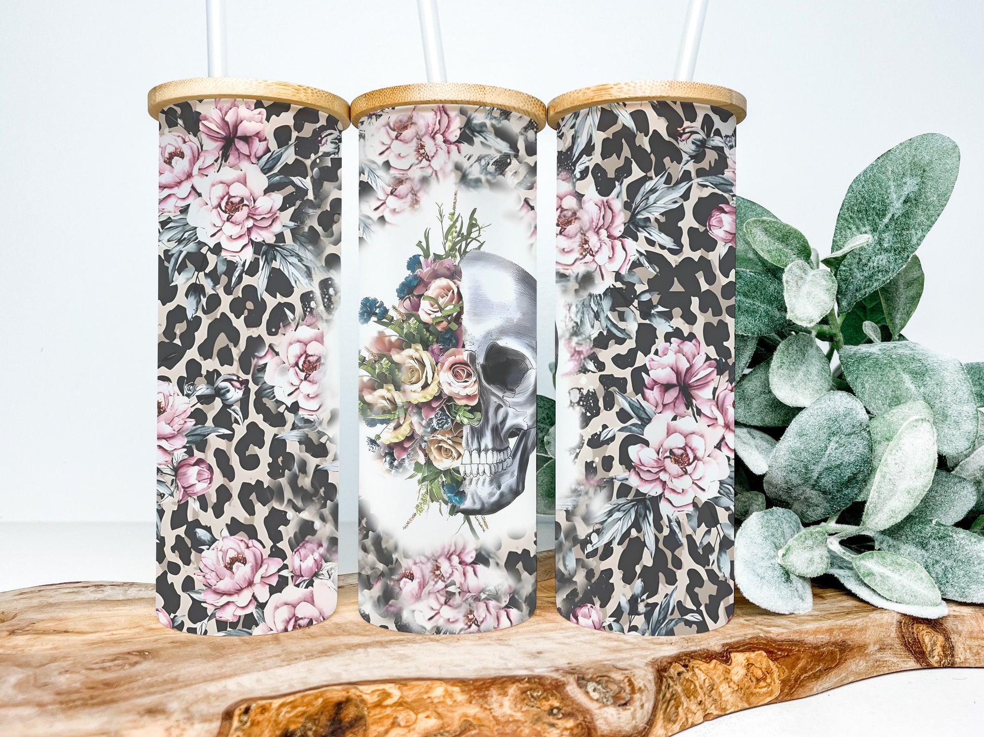 Floral Cheetah Skull 25oz Frosted Glass Tumbler, Floral Cheetah Skull Tumbler
