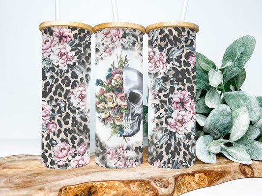 Floral Cheetah Skull 25oz Frosted Glass Tumbler, Floral Cheetah Skull Tumbler