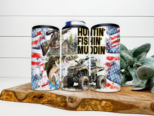 Huntin' Fishin' Muddin' 4 in 1 Can Cooler, Fits all - Stainless Steel Can Cooler for 12oz Regular or Slim Cans & Bottles