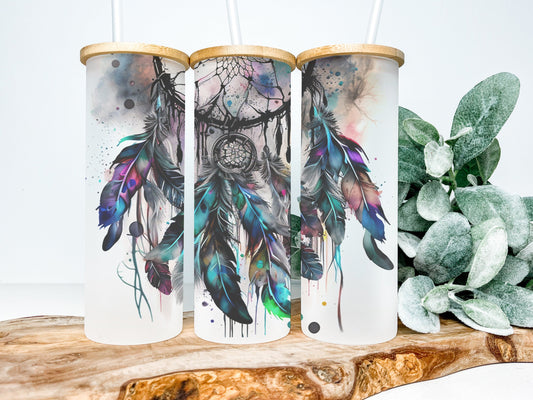 Watercolor Dreamcatcher 25oz Frosted Glass Tumbler, Dreamcatcher Tumbler Dreamcatcher Frosted Tumbler