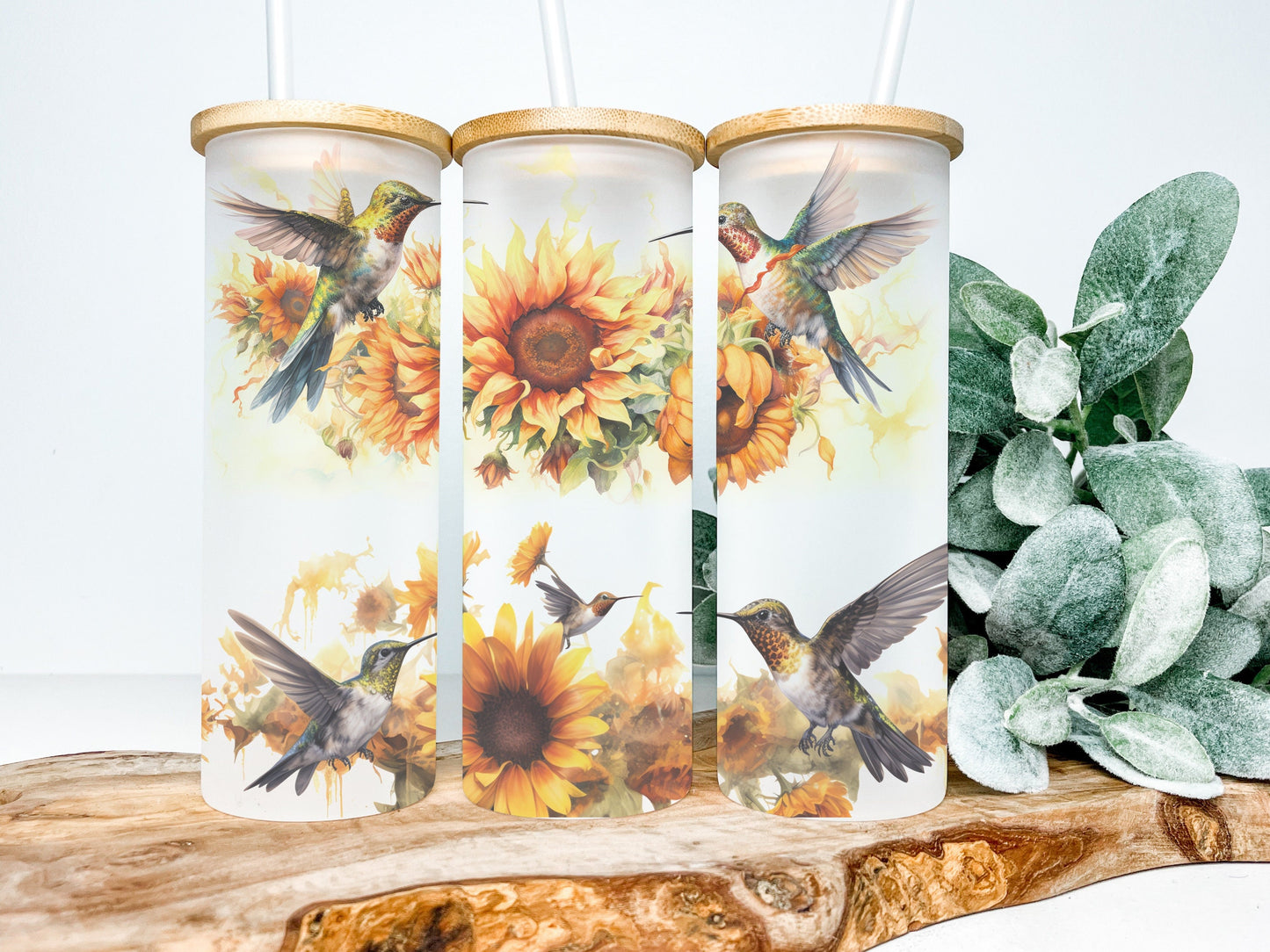 Sunflowers and Hummingbirds 25oz Frosted Glass Tumbler, Sunflower Tumbler Hummingbird Tumbler