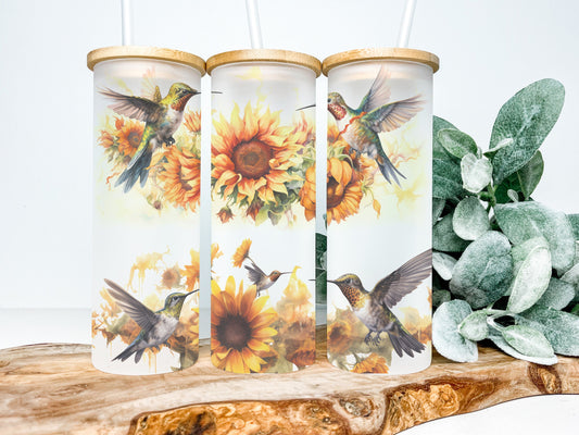 Sunflowers and Hummingbirds 25oz Frosted Glass Tumbler, Sunflower Tumbler Hummingbird Tumbler