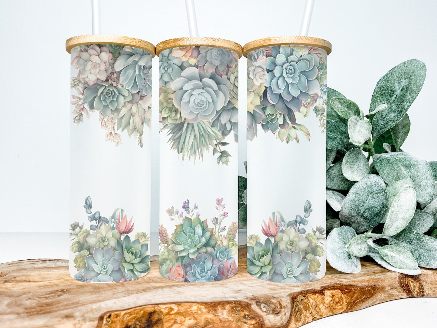 Succulent 25oz Frosted Glass Tumbler, Succulent Tumbler, Succulent Glass Tumbler