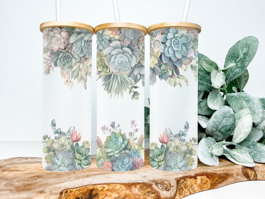 Succulent 25oz Frosted Glass Tumbler, Succulent Tumbler, Succulent Glass Tumbler