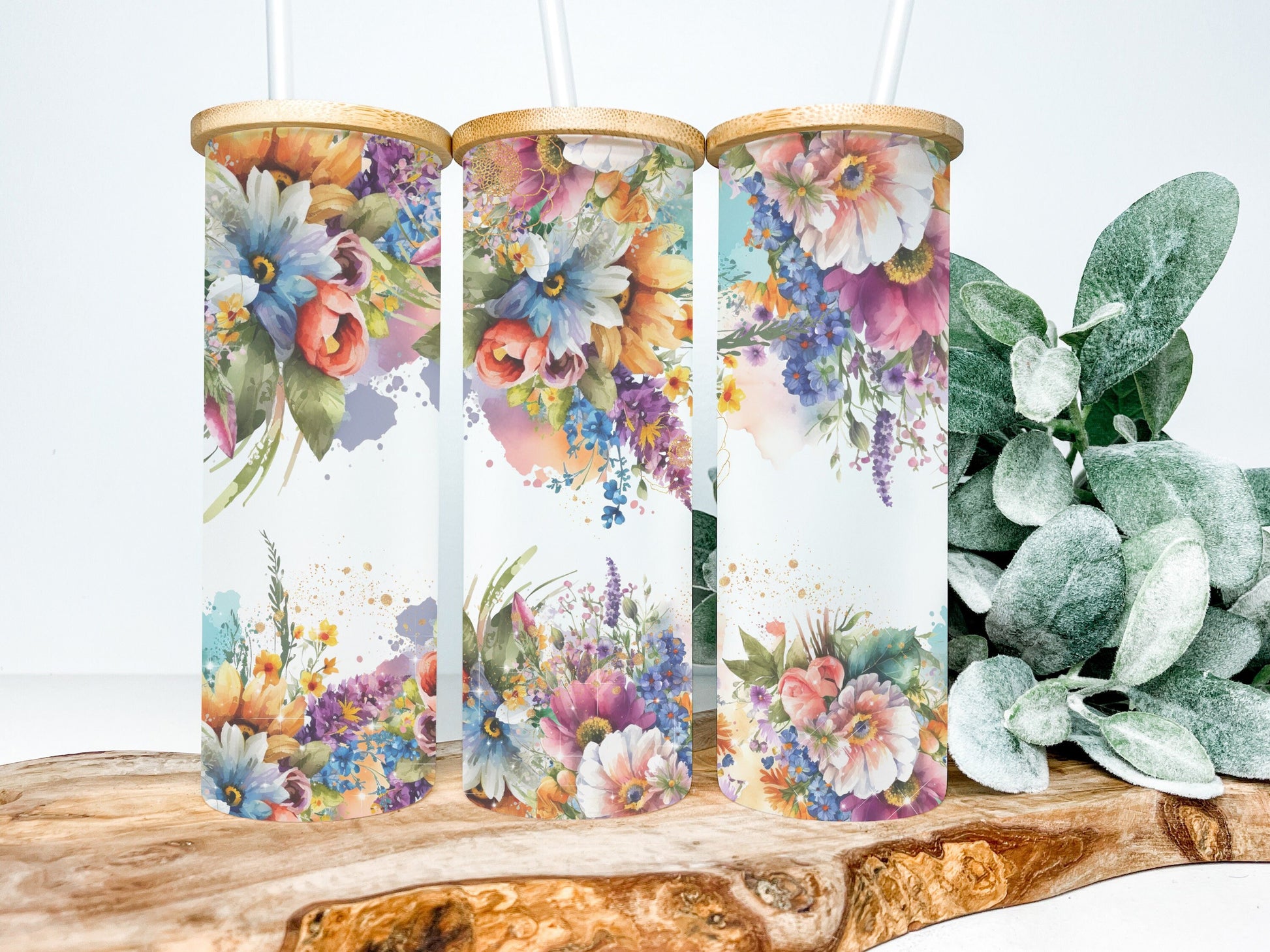 Vibrant Floral 25oz Frosted Glass Tumbler, Floral Tumbler
