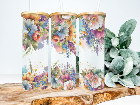 Vibrant Floral 25oz Frosted Glass Tumbler, Floral Tumbler