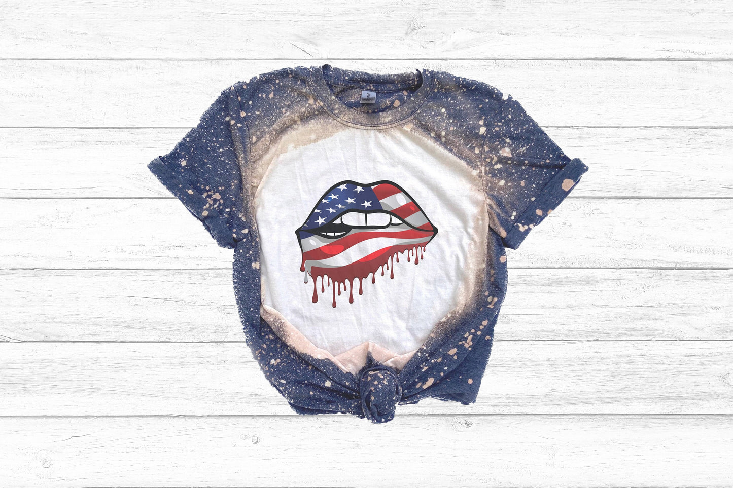 Red White and Blue Lips Shirt Tee, Red White and Blue Lips Bleached Tee, Patriotic Lips Tee, Patriotic Lips Bleached Tee
