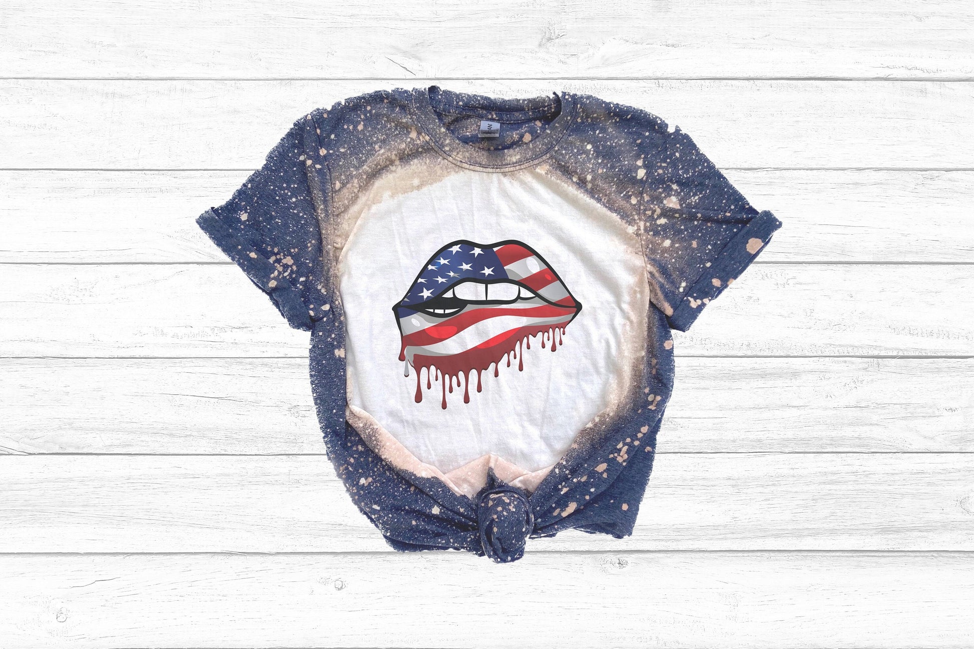 Red White and Blue Lips Shirt Tee, Red White and Blue Lips Bleached Tee, Patriotic Lips Tee, Patriotic Lips Bleached Tee