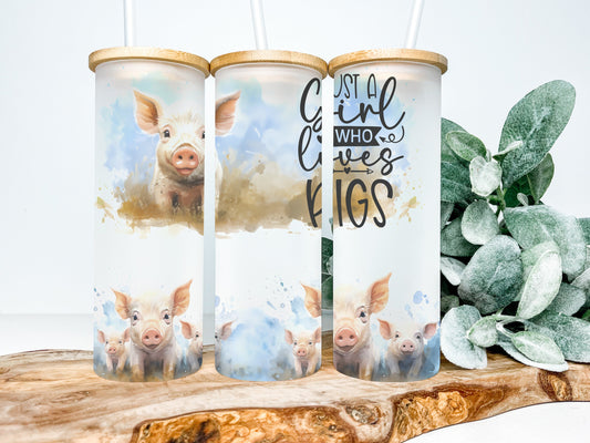 Girl Who Loves Pigs 25oz Frosted Glass Tumbler, Pig Tumbler, Pig Frosted Tumbler