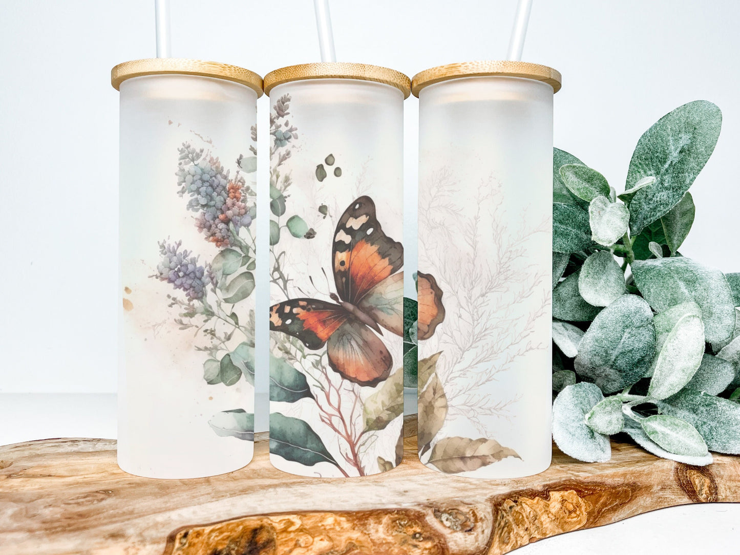 Floral Butterfly 25oz Frosted Glass Tumbler, Floral Butterfly Tumbler