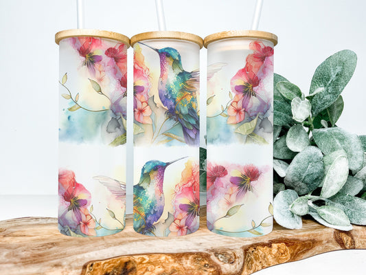 Watercolor Hummingbird 25oz Frosted Glass Tumbler, Hummingbird Tumbler Hummingbird Frosted Tumbler