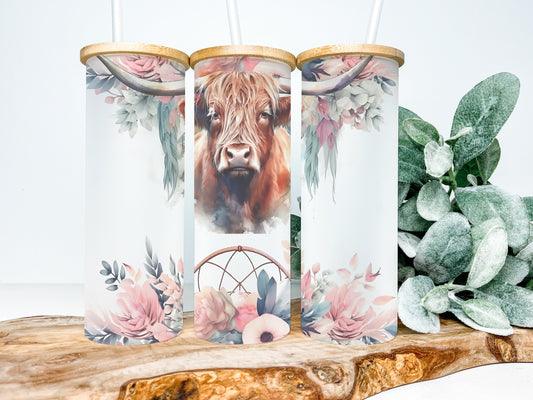 Boho Highland Cow 25oz Frosted Glass Tumbler, Boho Highland Cow Tumbler