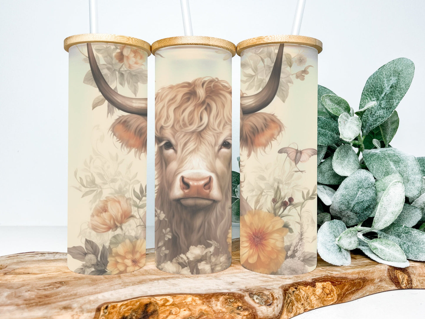 Vintage Highland Cow 25oz Frosted Glass Tumbler, Vintage Highland Cow Tumbler