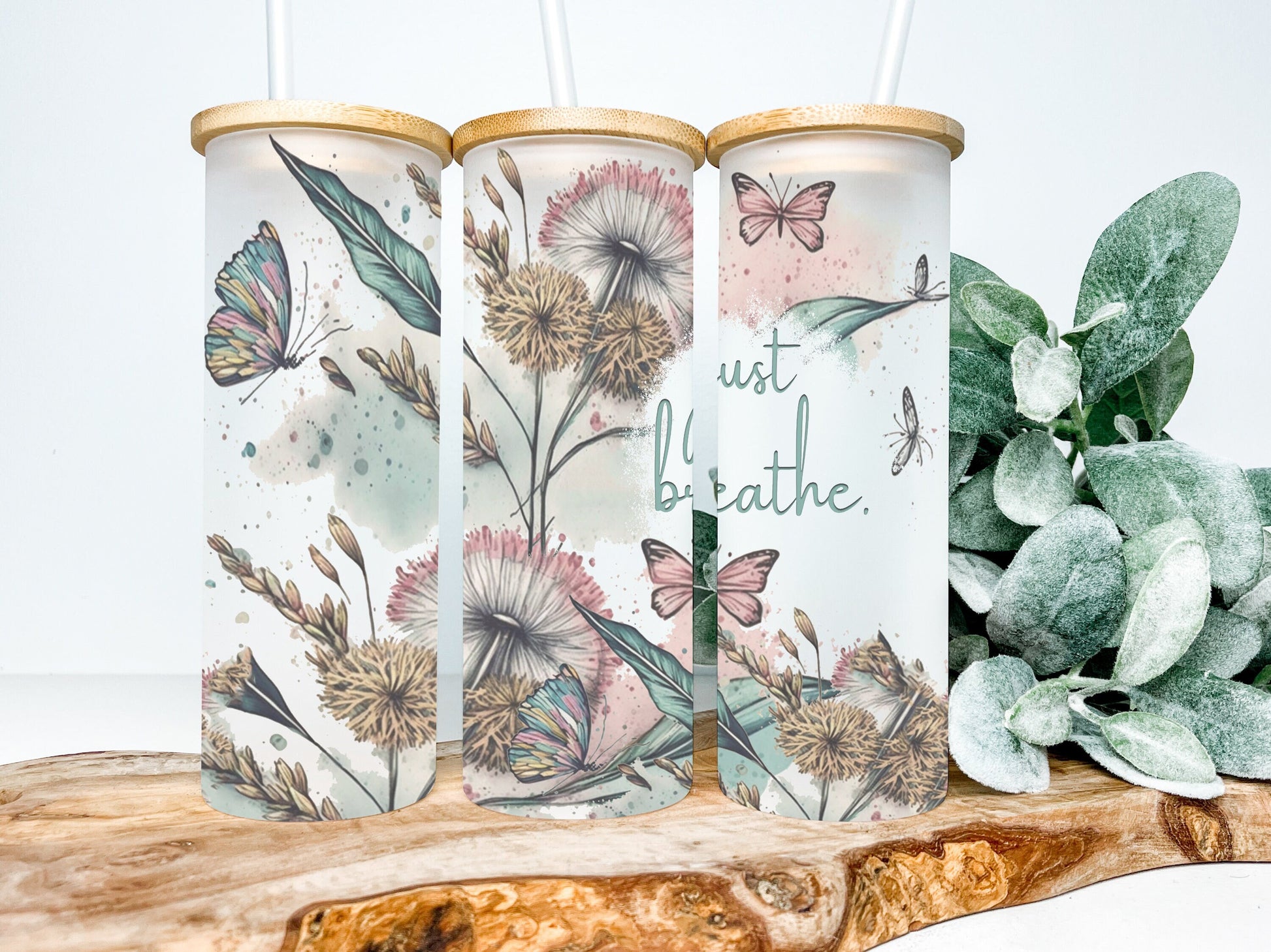 Just Breathe 25oz Frosted Glass Tumbler, Just Breathe Tumbler, Inspirational Tumbler