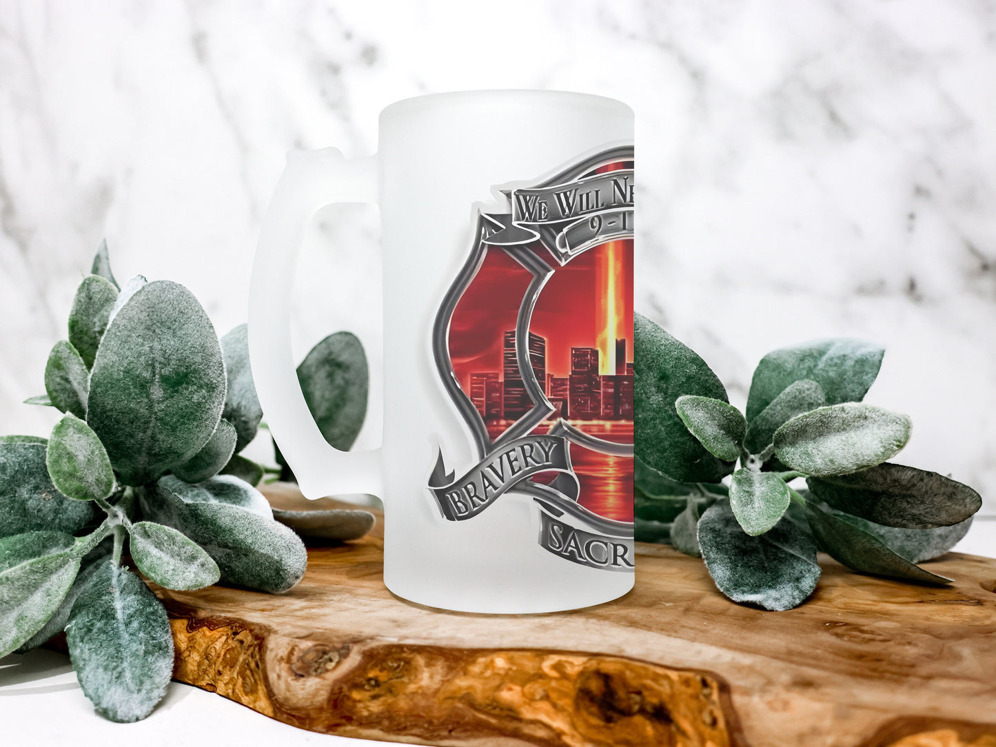 We Will Never Forget 9/11 Frosted Stein, Firefighter Beer Stein Beer Mug Firefighter Stein