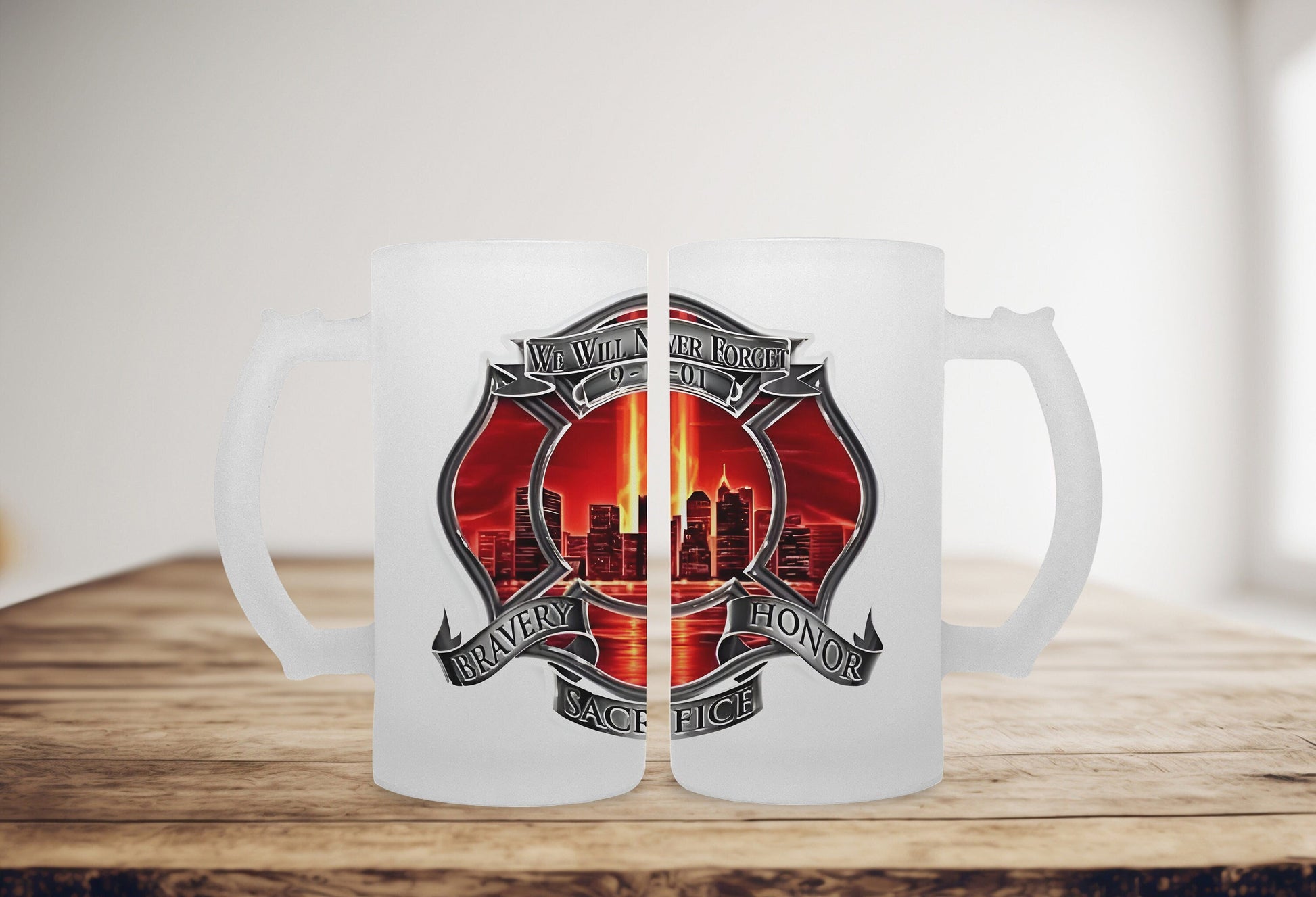 We Will Never Forget 9/11 Frosted Stein, Firefighter Beer Stein Beer Mug Firefighter Stein