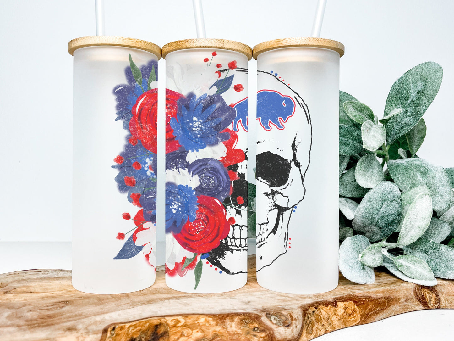 Buffalo Skull 25oz Frosted Glass Tumbler, Buffalo Tumbler, Buffalo Frosted Tumbler