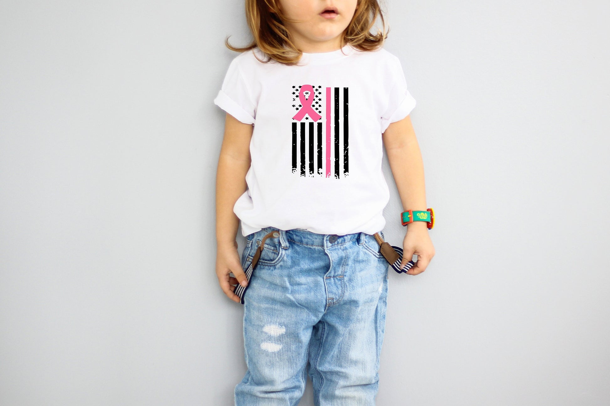 Breast Cancer Flag Toddler Tee Kid's Tee T-Shirt -Breast Cancer Awareness -Pink Line Flag - American Flag - Breast Cancer Tee